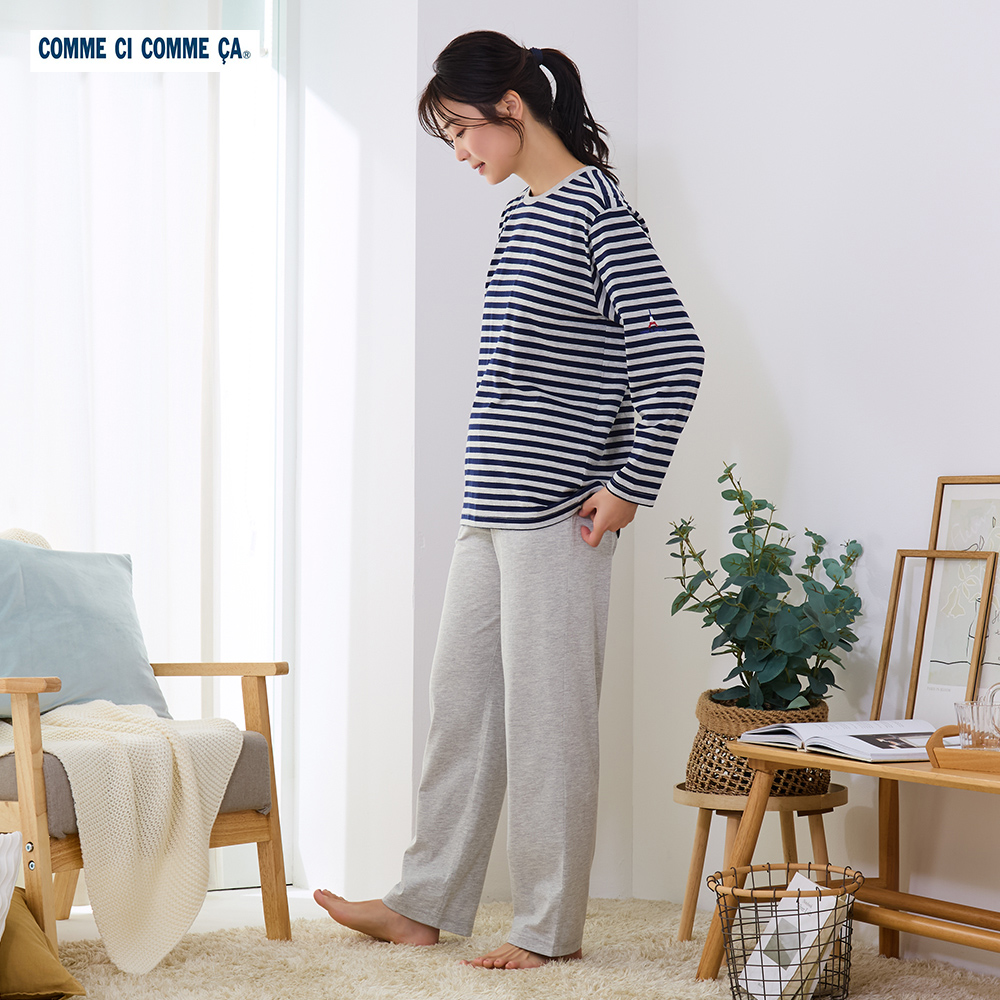 【綿混・天竺】ボーダー柄 長袖 長パンツ ルームウェア 上下セット